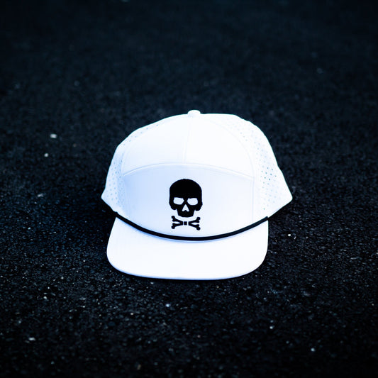 A white flat brim hat with a black skull and crossbones.