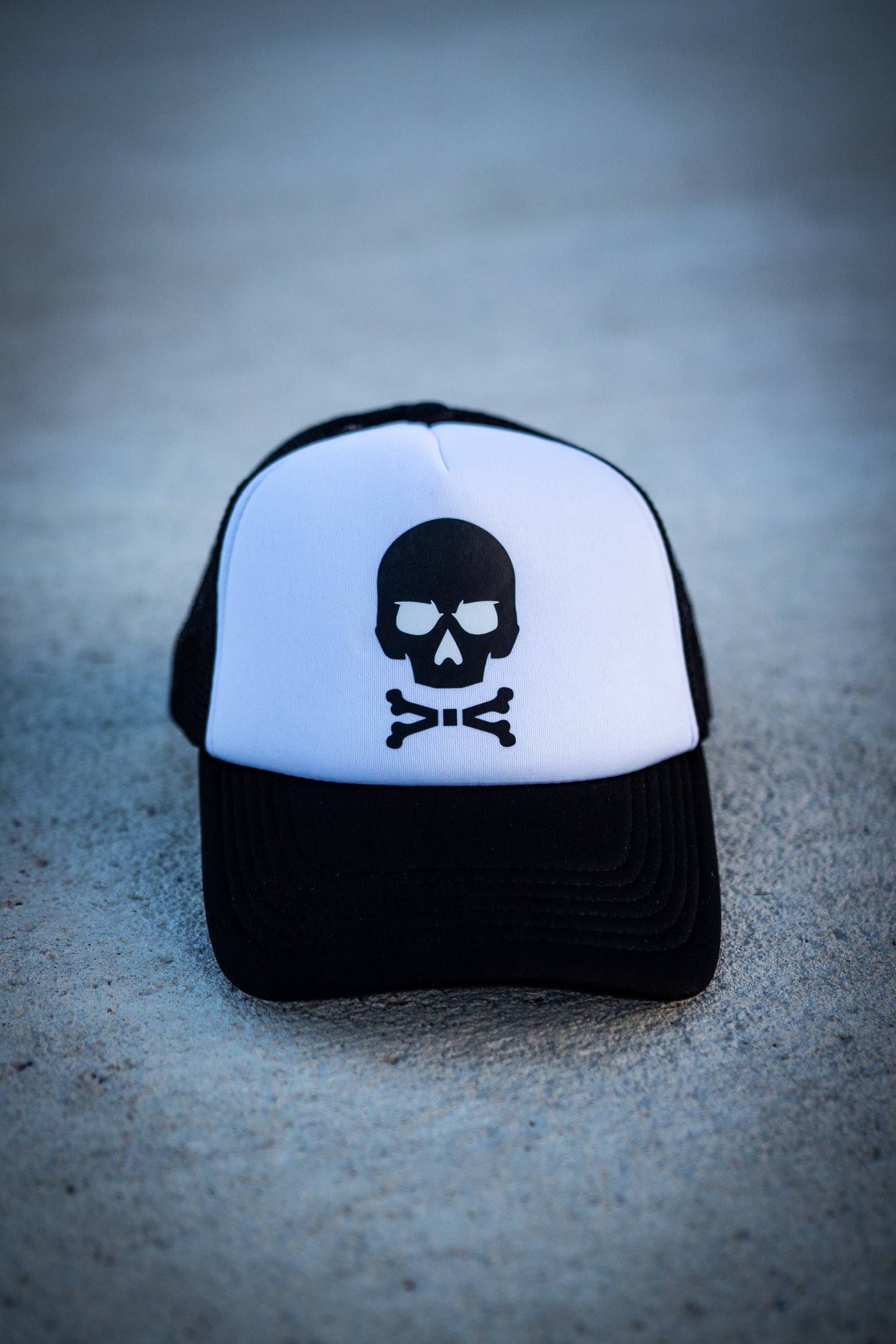 Black and White Trucker Cap with Skull