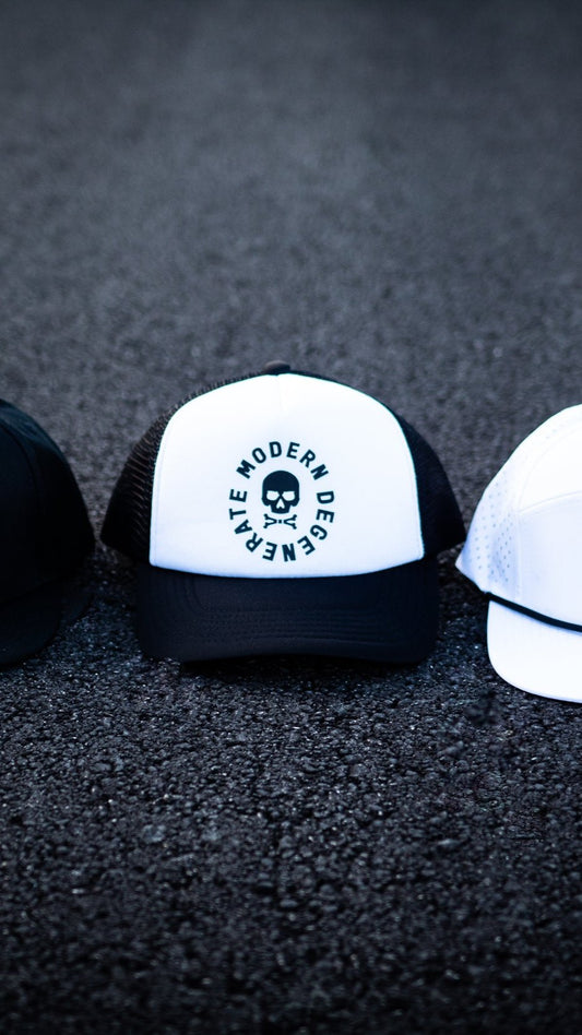 Black and White Trucker Cap with Circle Logo on Front