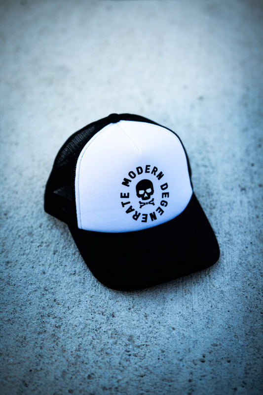 Black and white trucker hat with skull and crossbones