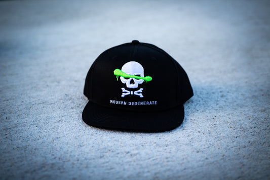 Black flat brim hat with a neon green stripe across a skull