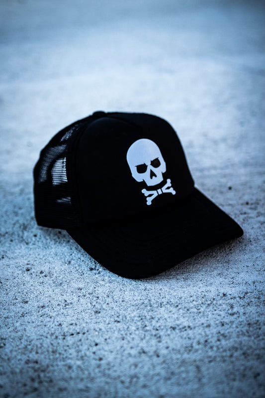 A black trucker cap. 