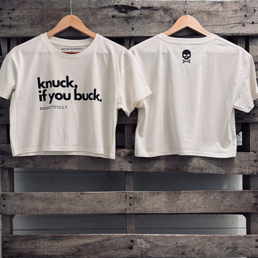 Women's Cropped "Knuck, If You Buck." Tee - White/Black